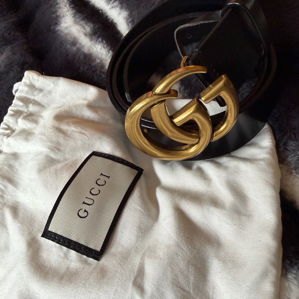 Gucci Double G Black Leather Belt with Gold Buckle